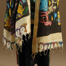 Brown Pen Work Mangalagiri Cotton Handpainted Kalamkari Dupatta