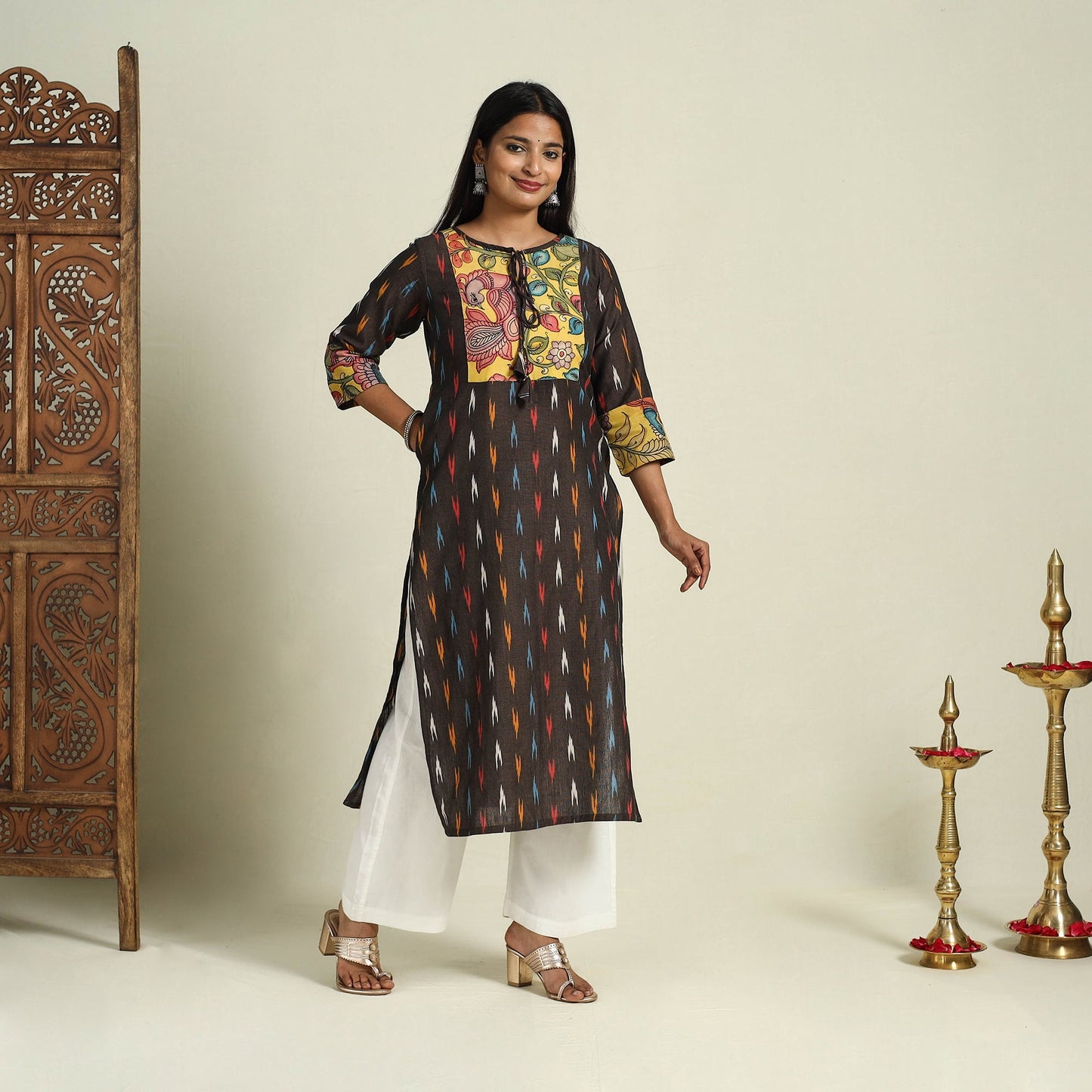 Brown Srikalahasti Mosaic Fusion Cotton Straight Ikat Kurta for Women