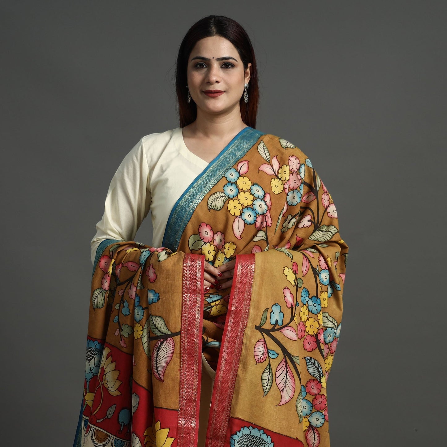 Brown Srikalahasti Pen Work Kalamkari Cotton Handpainted Dupatta