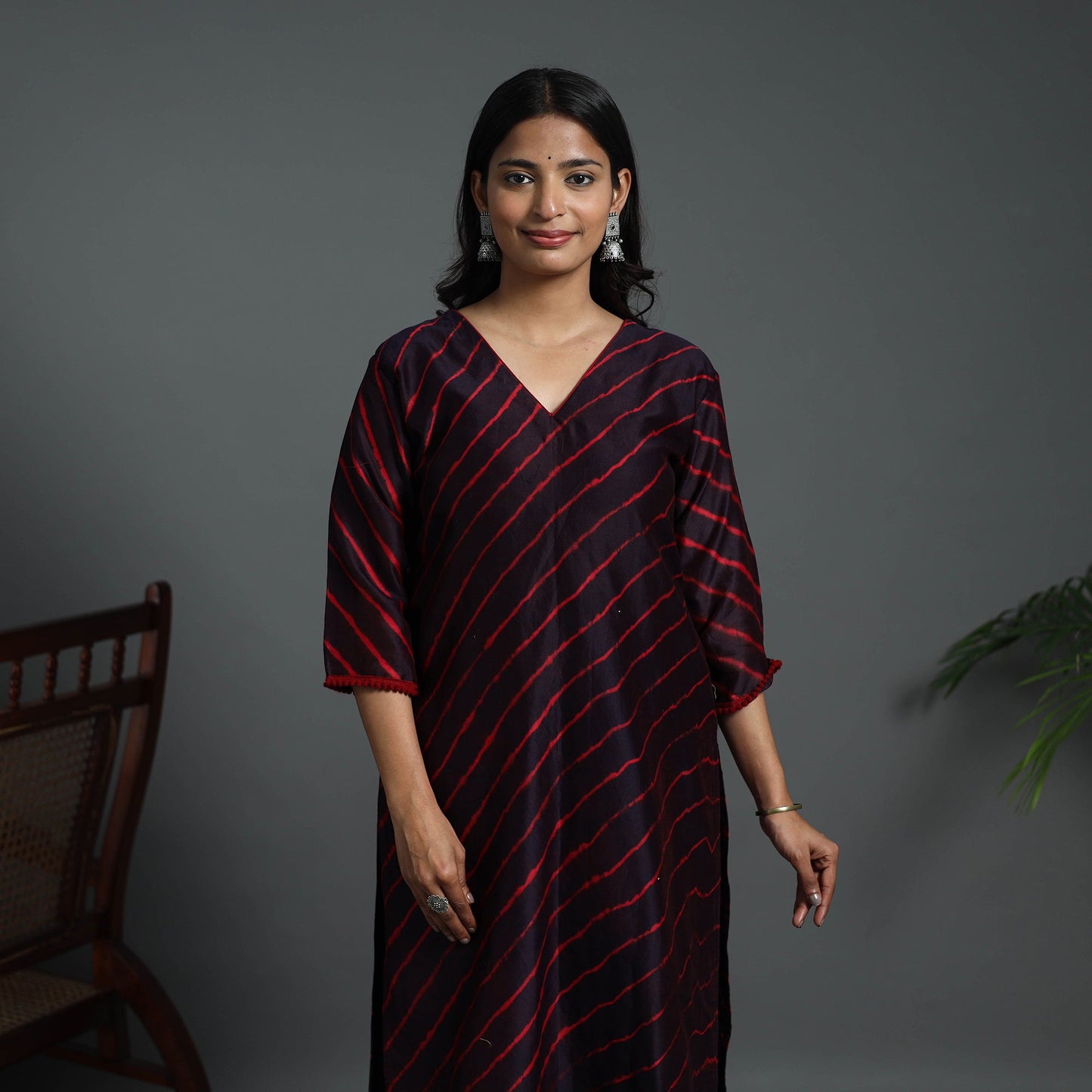 Brown Straight Handloom Chanderi Silk Tie-Dye Leheriya Kurta for Women