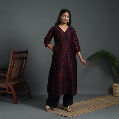 Brown Straight Handloom Chanderi Silk Tie-Dye Leheriya Kurta for Women