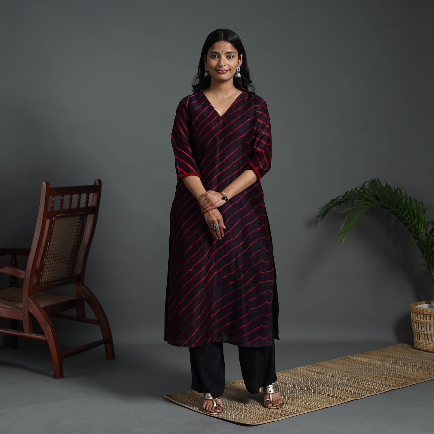 Brown Straight Handloom Chanderi Silk Tie-Dye Leheriya Kurta for Women