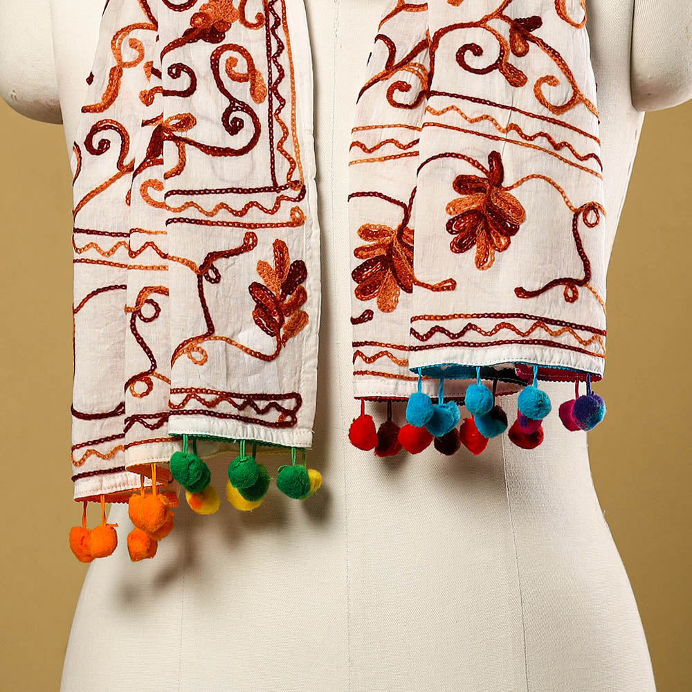 Brown Suzani Embroidery Mul Cotton Stole with Pom Pom