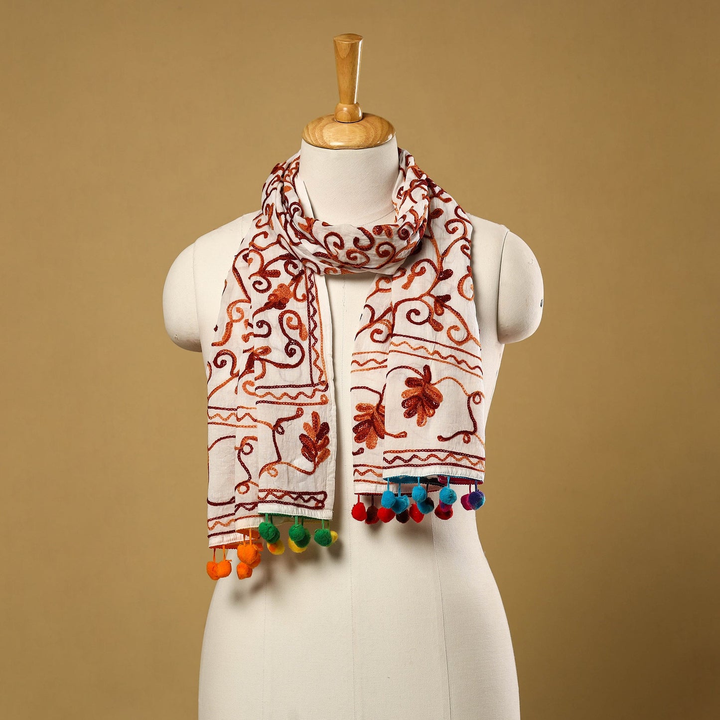 Brown Suzani Embroidery Mul Cotton Stole with Pom Pom