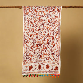 Brown Suzani Embroidery Mul Cotton Stole with Pom Pom