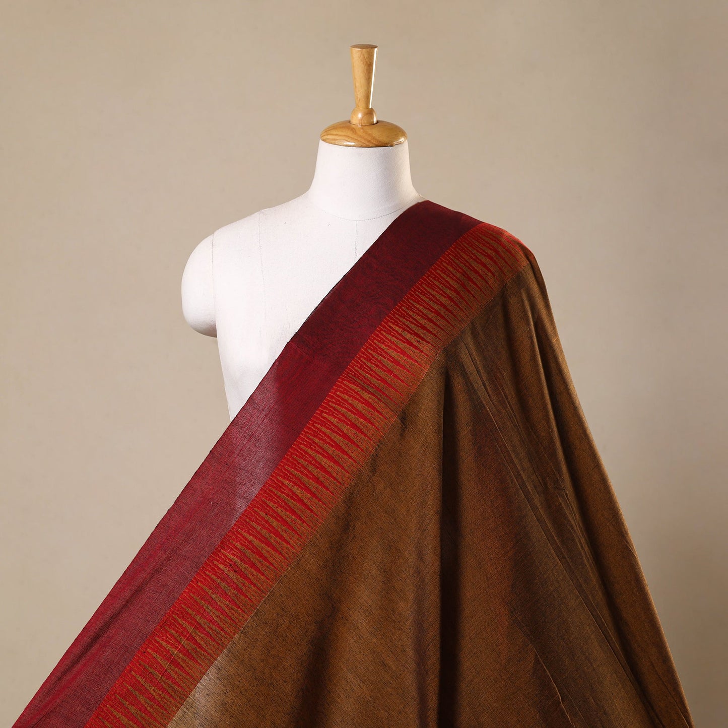 Brown - thread border dharwad cotton fabric 01 - handcrafted