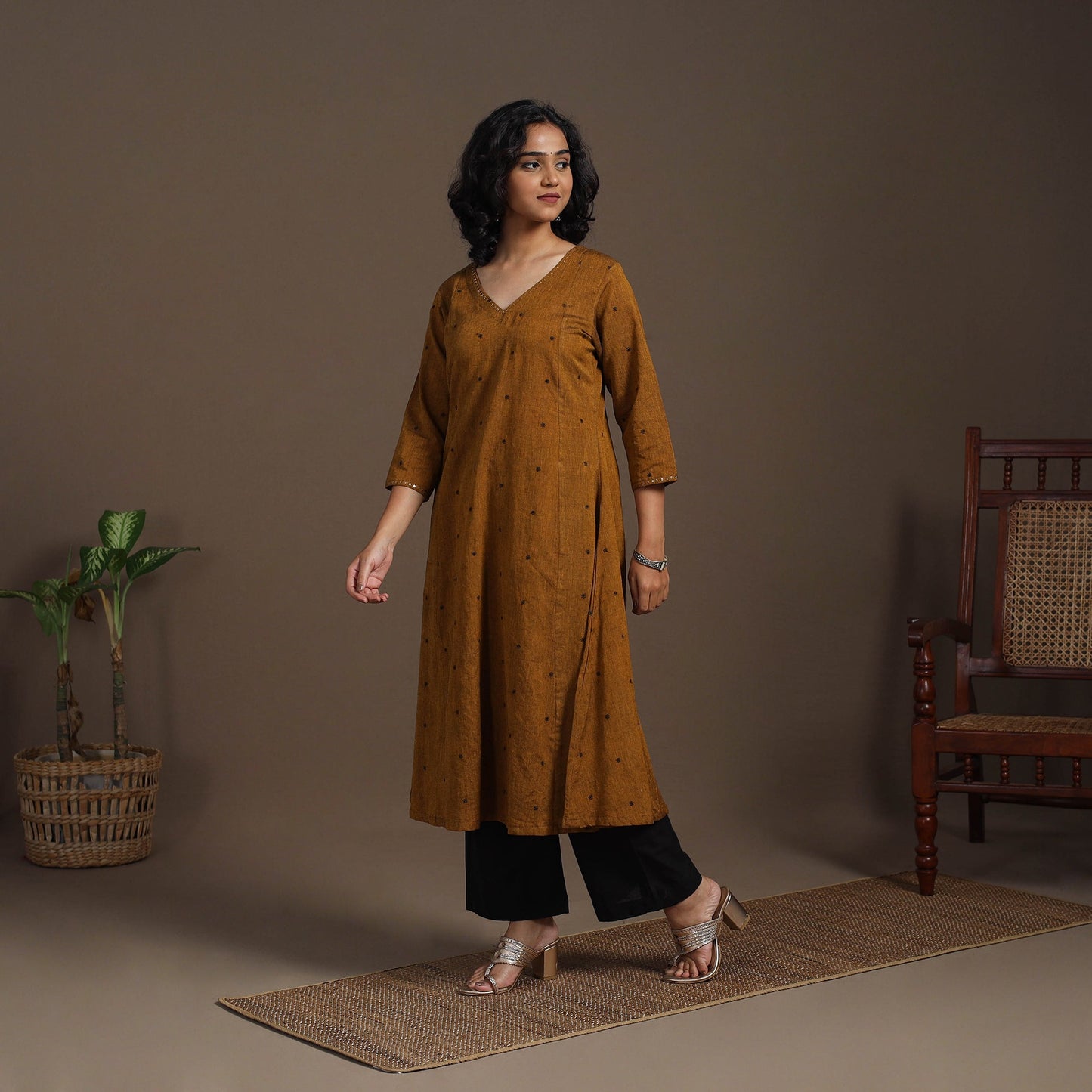 Brown - thread buti work cotton plain kurta set (set of 2)