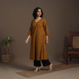 Brown - thread buti work cotton plain kurta set (set of 2)