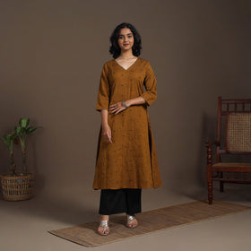 Brown - thread buti work cotton plain kurta set (set of 2)