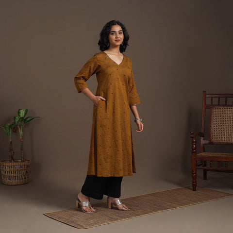 Brown - thread buti work cotton plain kurta set (set of 2)