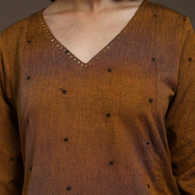 Brown - thread buti work cotton plain kurta set (set of 2)