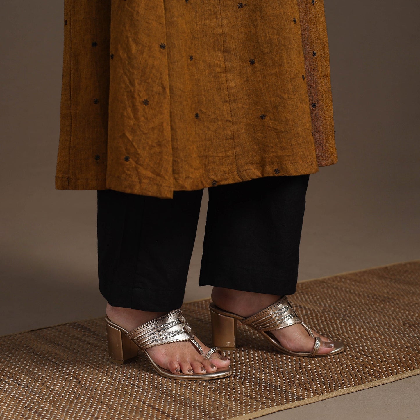 Brown - thread buti work cotton plain kurta set (set of 2)