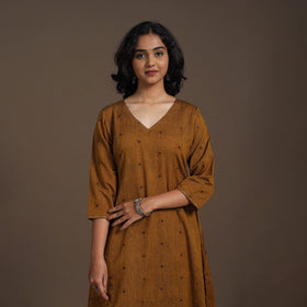 Brown - thread buti work cotton plain kurta set (set of 2)