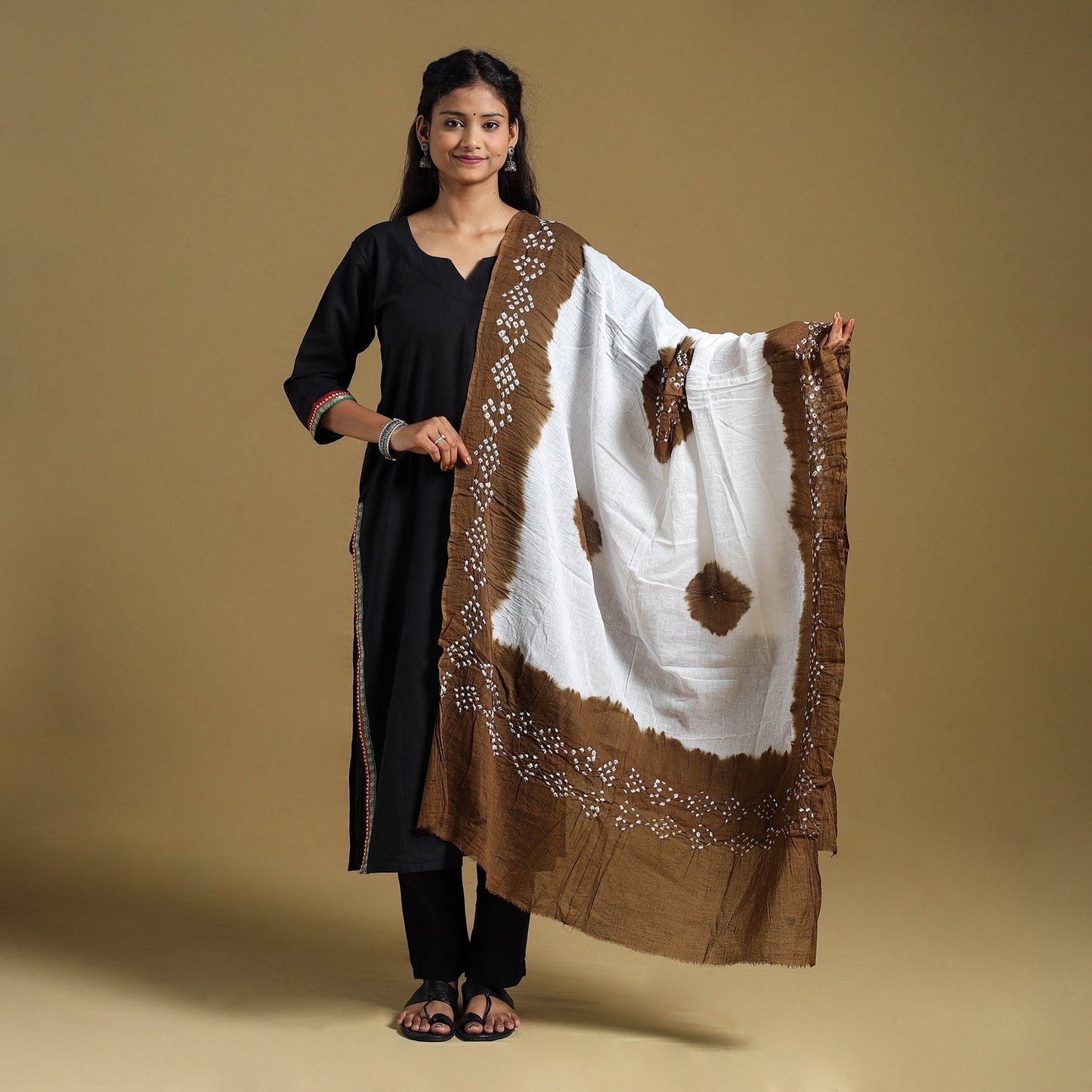 Brown Tie-Dye Cotton Kutch Bandhani Dupatta 