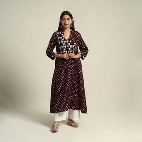 Brown Tie-dye Cotton Patchwork A-Line Bandhani Kurta for Women