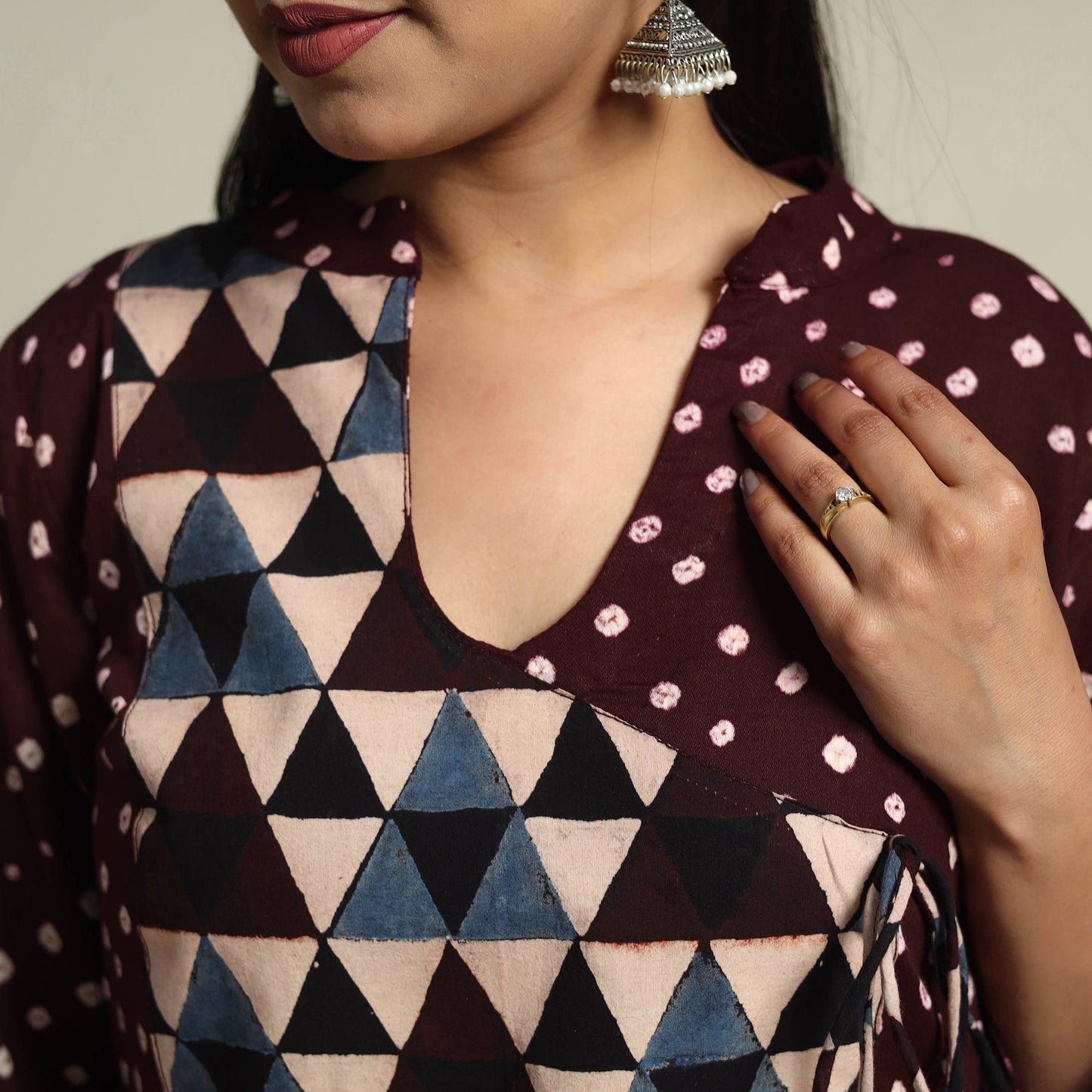 Brown Tie-dye Cotton Patchwork A-Line Bandhani Kurta for Women