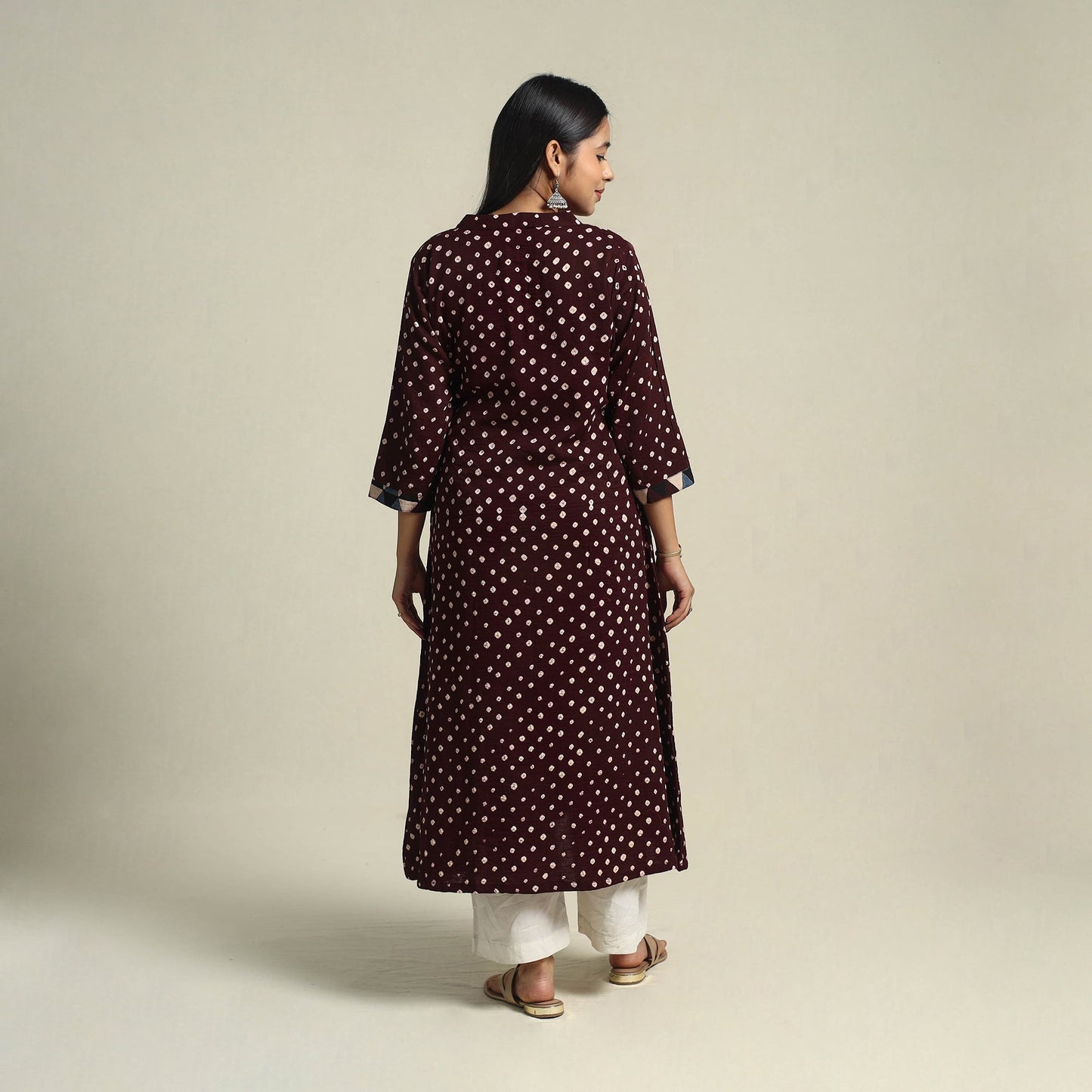 Brown Tie-dye Cotton Patchwork A-Line Bandhani Kurta for Women