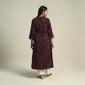 Brown Tie-dye Cotton Patchwork A-Line Bandhani Kurta for Women