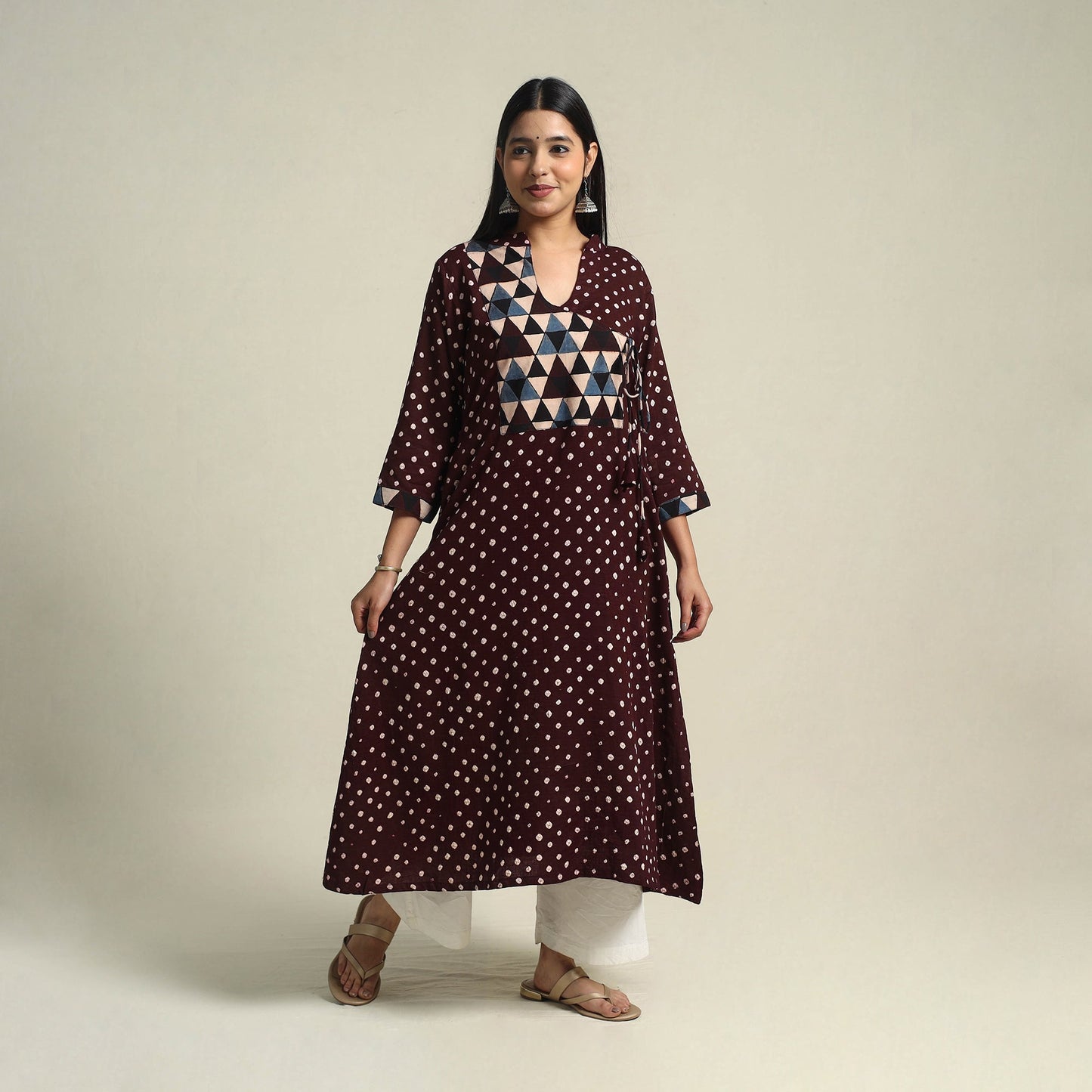Brown Tie-dye Cotton Patchwork A-Line Bandhani Kurta for Women