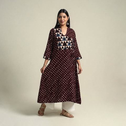 Brown Tie-dye Cotton Patchwork A-Line Bandhani Kurta for Women