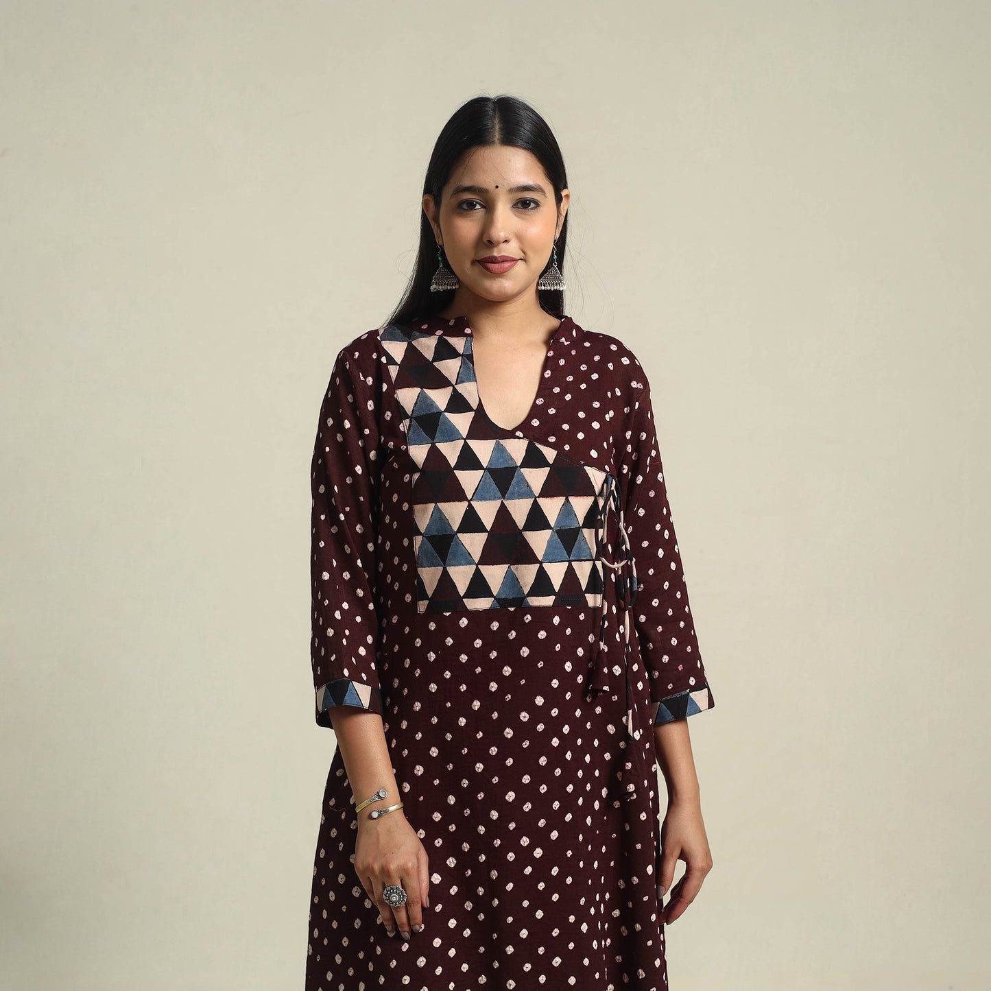 Brown Tie-dye Cotton Patchwork A-Line Bandhani Kurta for Women