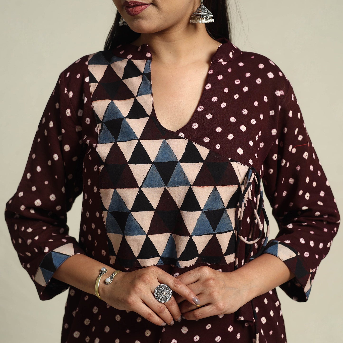 Brown Tie-dye Cotton Patchwork A-Line Bandhani Kurta for Women