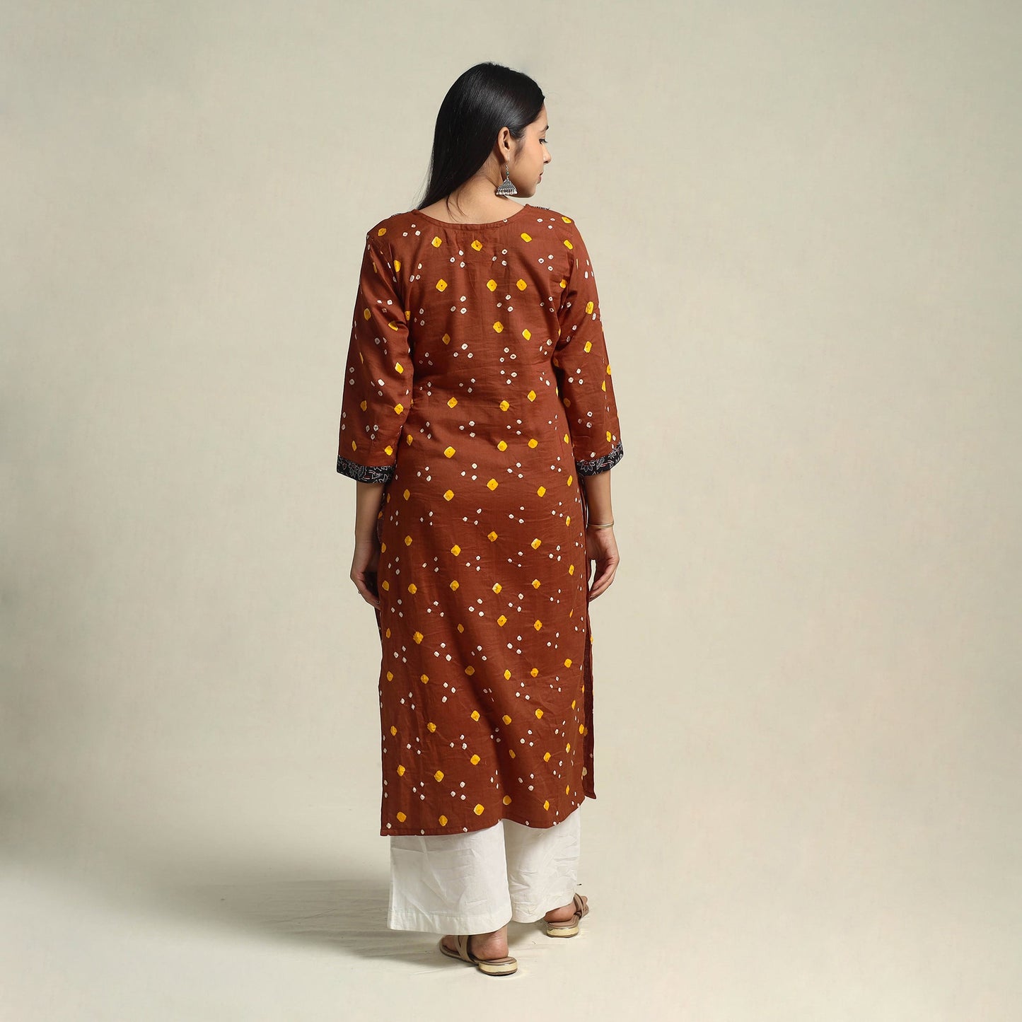 Brown Tie-dye Cotton Patchwork Straight Bandhani Kurta for Women