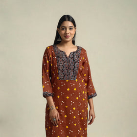 Brown Tie-dye Cotton Patchwork Straight Bandhani Kurta for Women