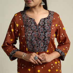 Brown Tie-dye Cotton Patchwork Straight Bandhani Kurta for Women