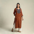 Brown Tie-dye Cotton Patchwork Straight Bandhani Kurta for Women