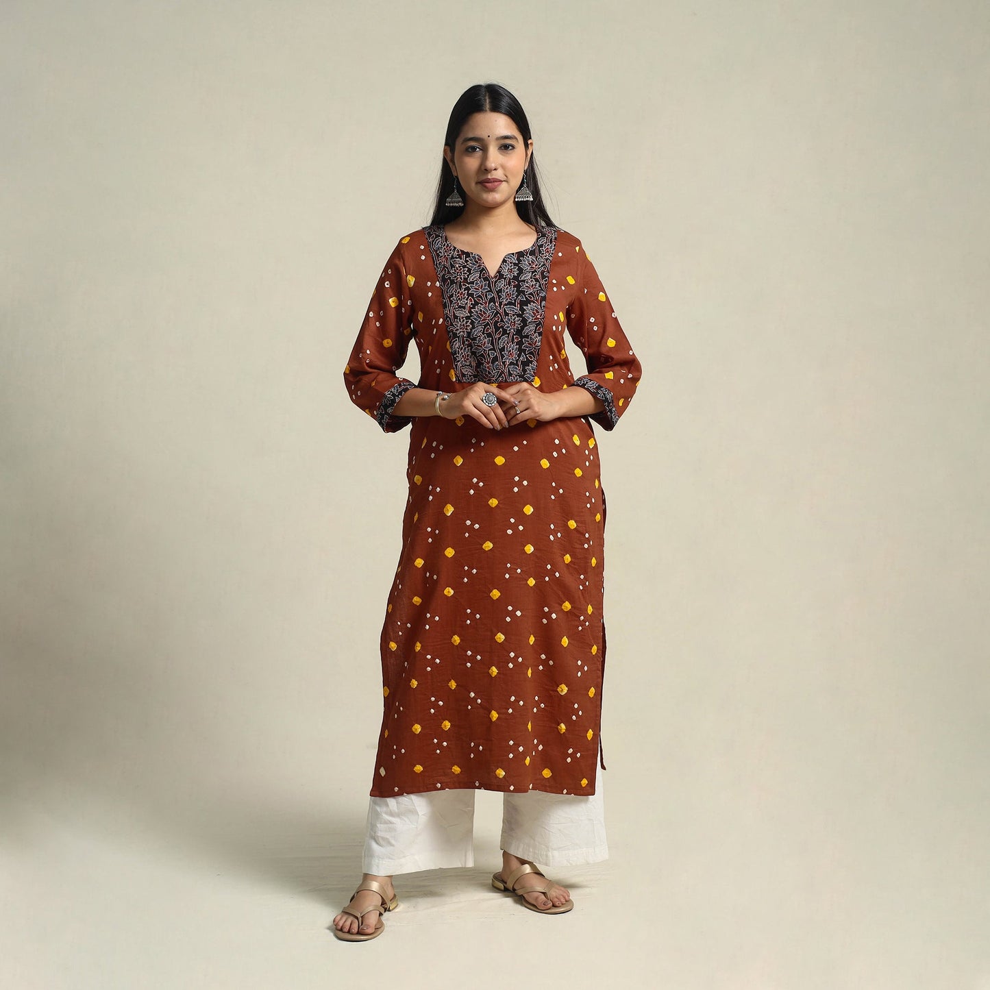 Brown Tie-dye Cotton Patchwork Straight Bandhani Kurta for Women