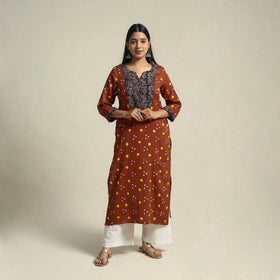 Brown Tie-dye Cotton Patchwork Straight Bandhani Kurta for Women