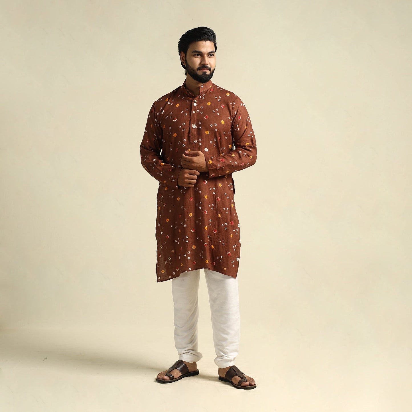  Brown Tie-Dye Mul Cotton Long Bandhani Kurta for Men
