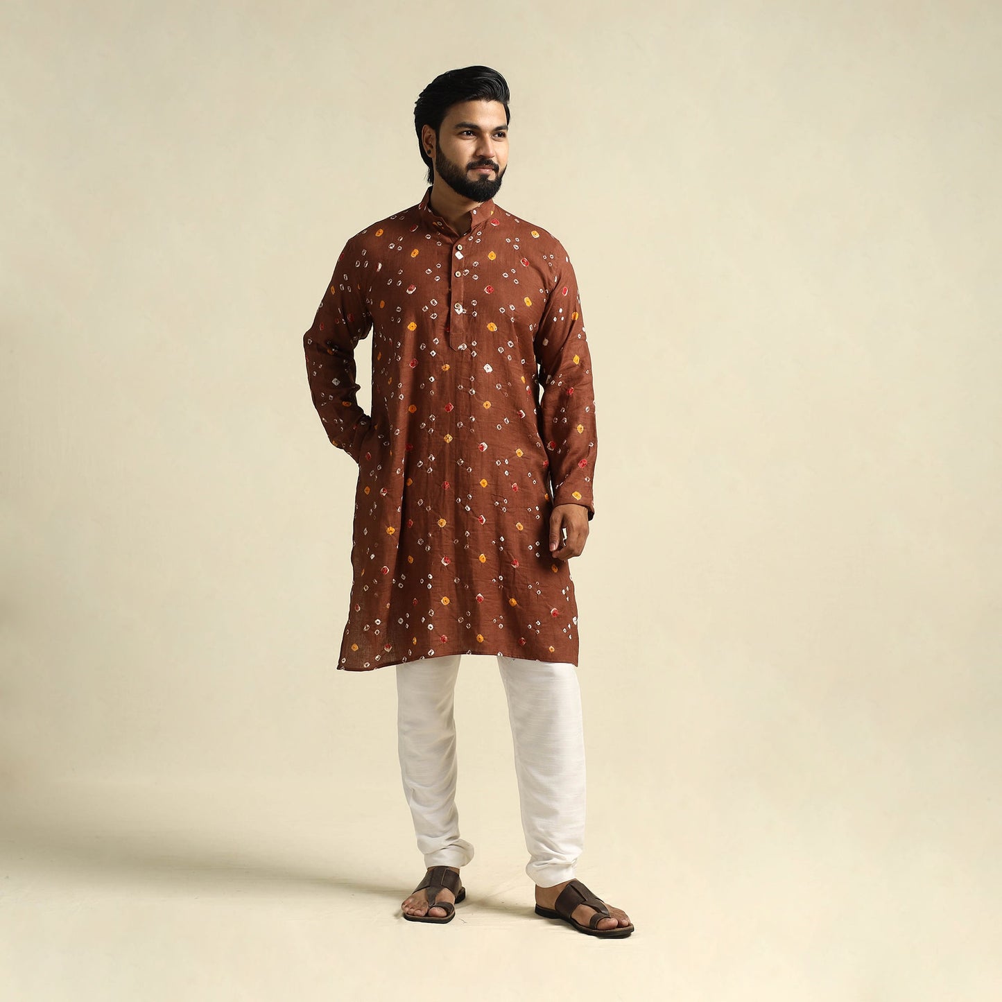  Brown Tie-Dye Mul Cotton Long Bandhani Kurta for Men