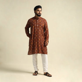  Brown Tie-Dye Mul Cotton Long Bandhani Kurta for Men