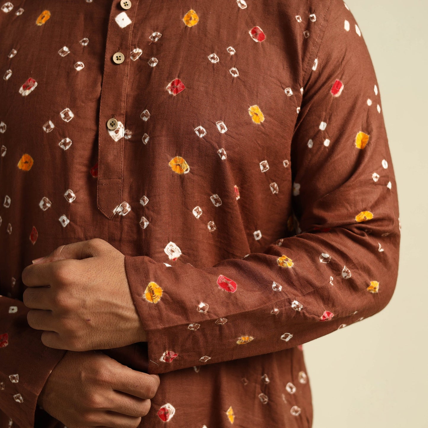  Brown Tie-Dye Mul Cotton Long Bandhani Kurta for Men