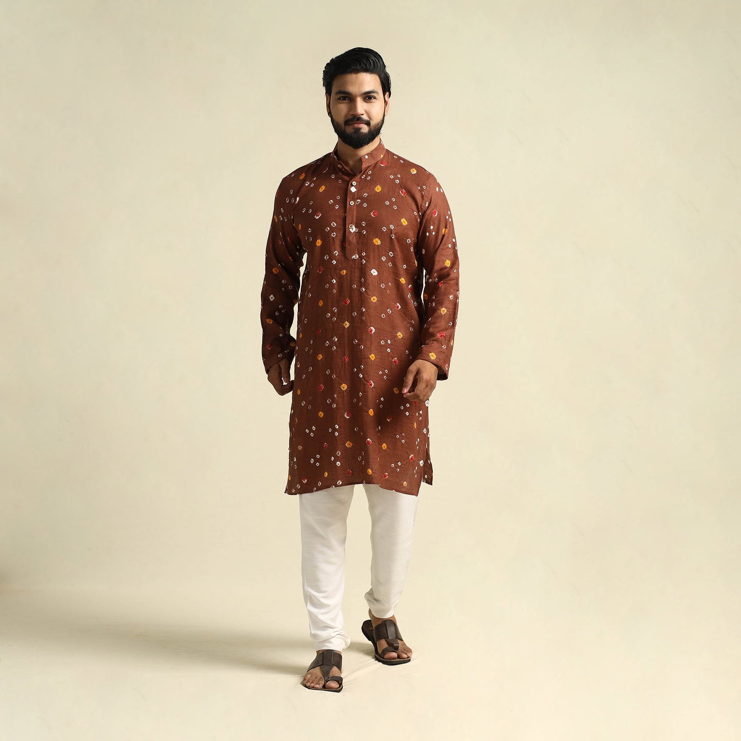  Brown Tie-Dye Mul Cotton Long Bandhani Kurta for Men