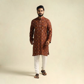 Brown Tie-Dye Mul Cotton Long Bandhani Kurta for Men