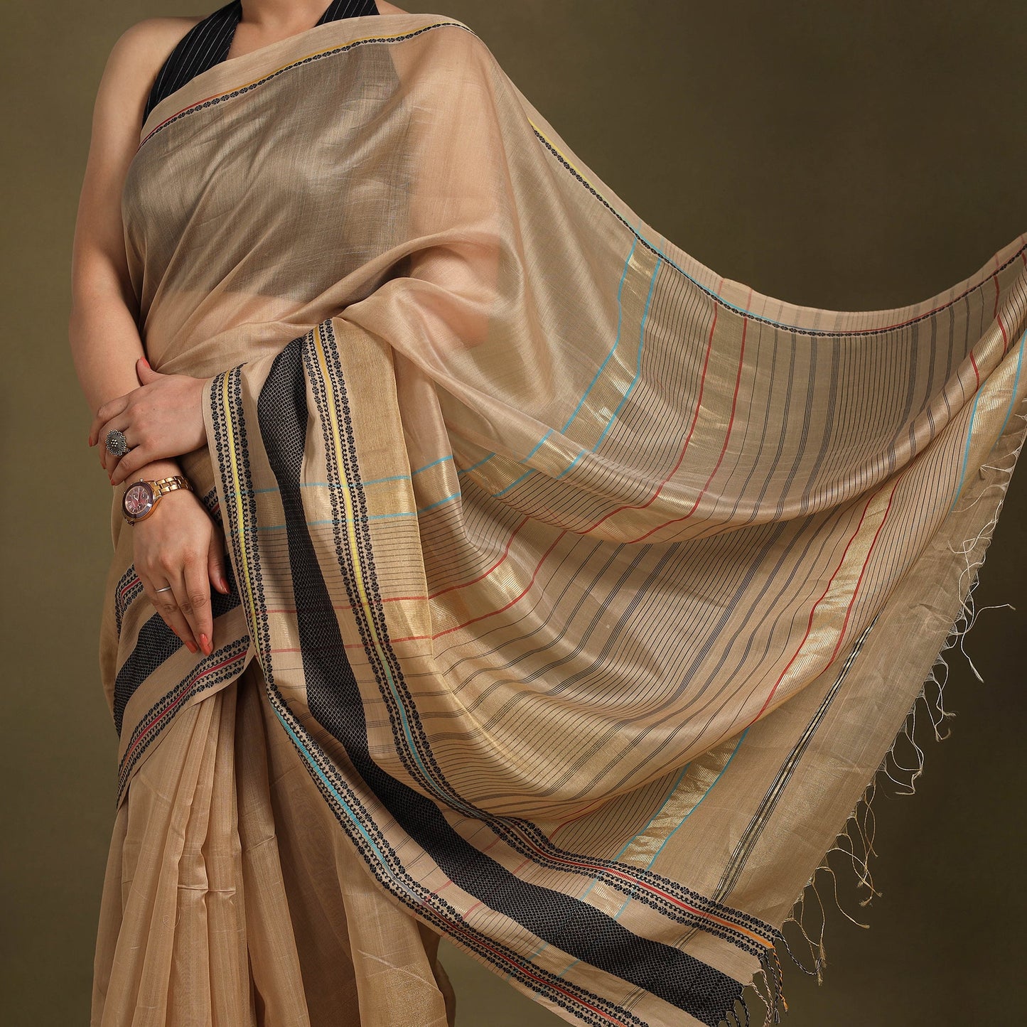 Brown - traditional handloom zari work silk maheshwari