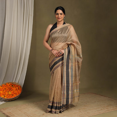 Brown - traditional handloom zari work silk maheshwari