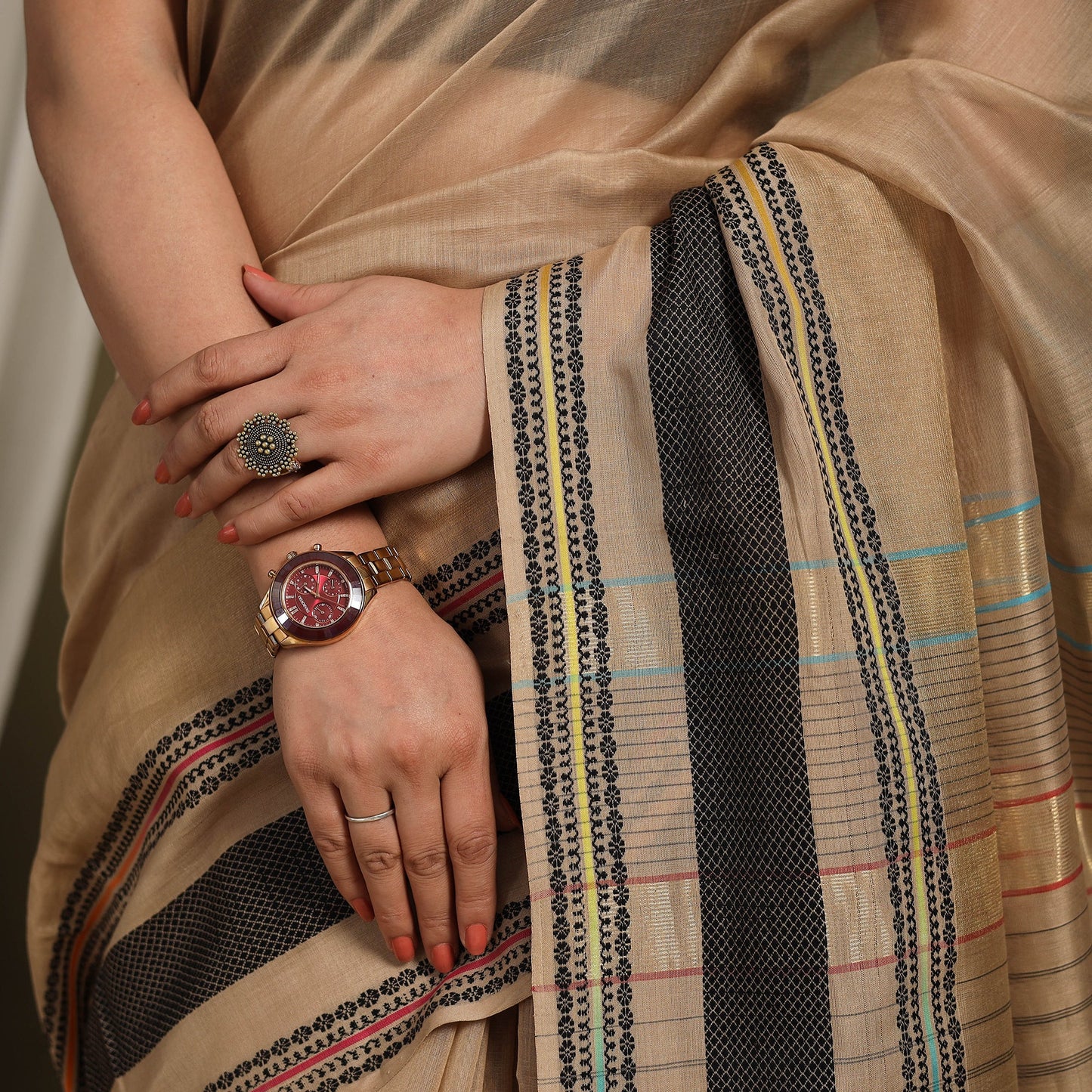 Brown - traditional handloom zari work silk maheshwari