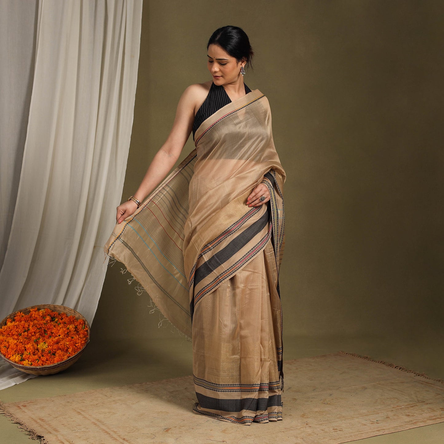 Brown - traditional handloom zari work silk maheshwari