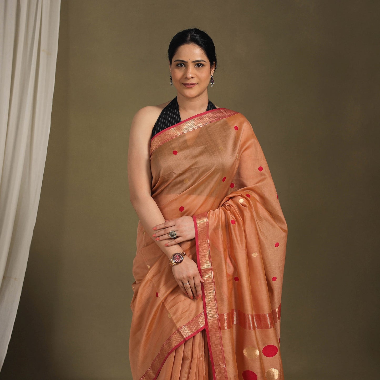 Brown - traditional handloom zari work silk maheshwari