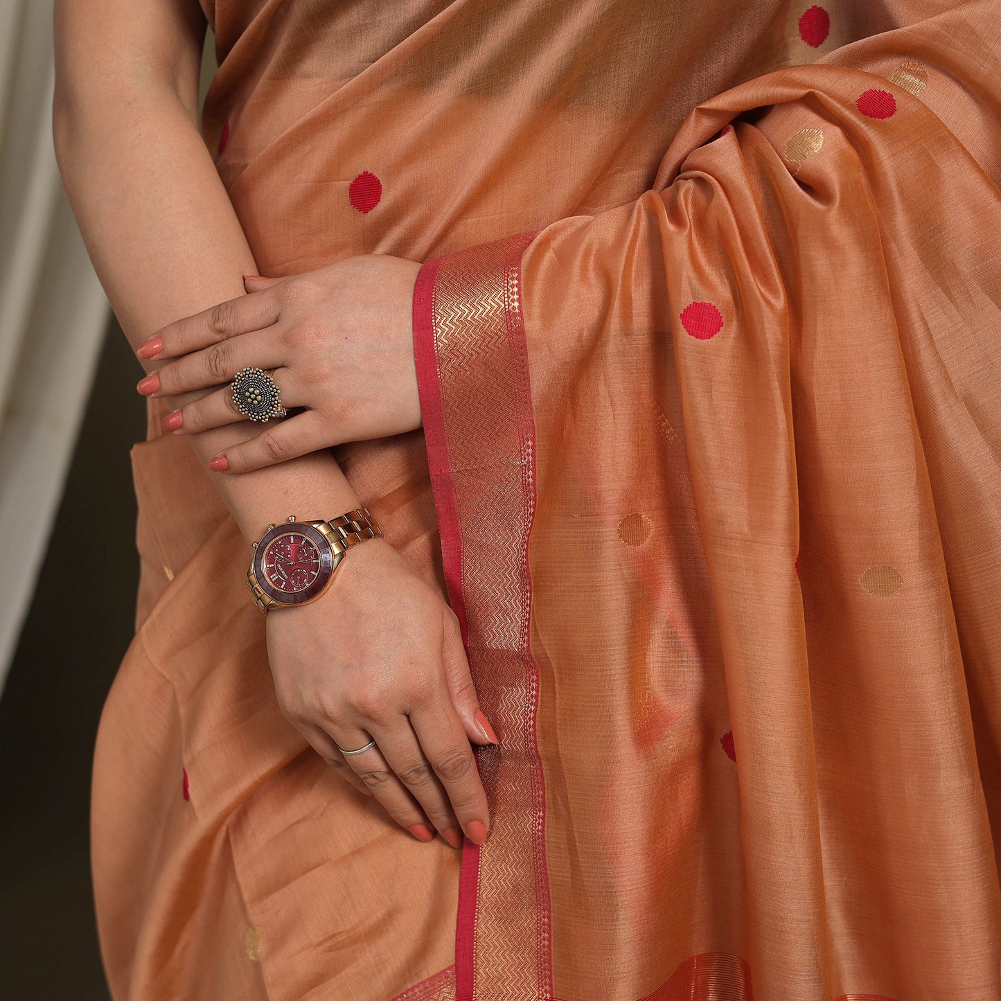 Brown - traditional handloom zari work silk maheshwari