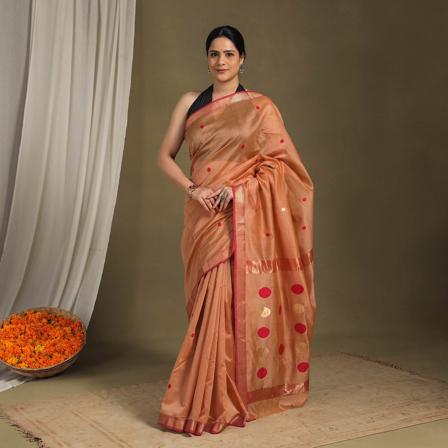 Brown - traditional handloom zari work silk maheshwari