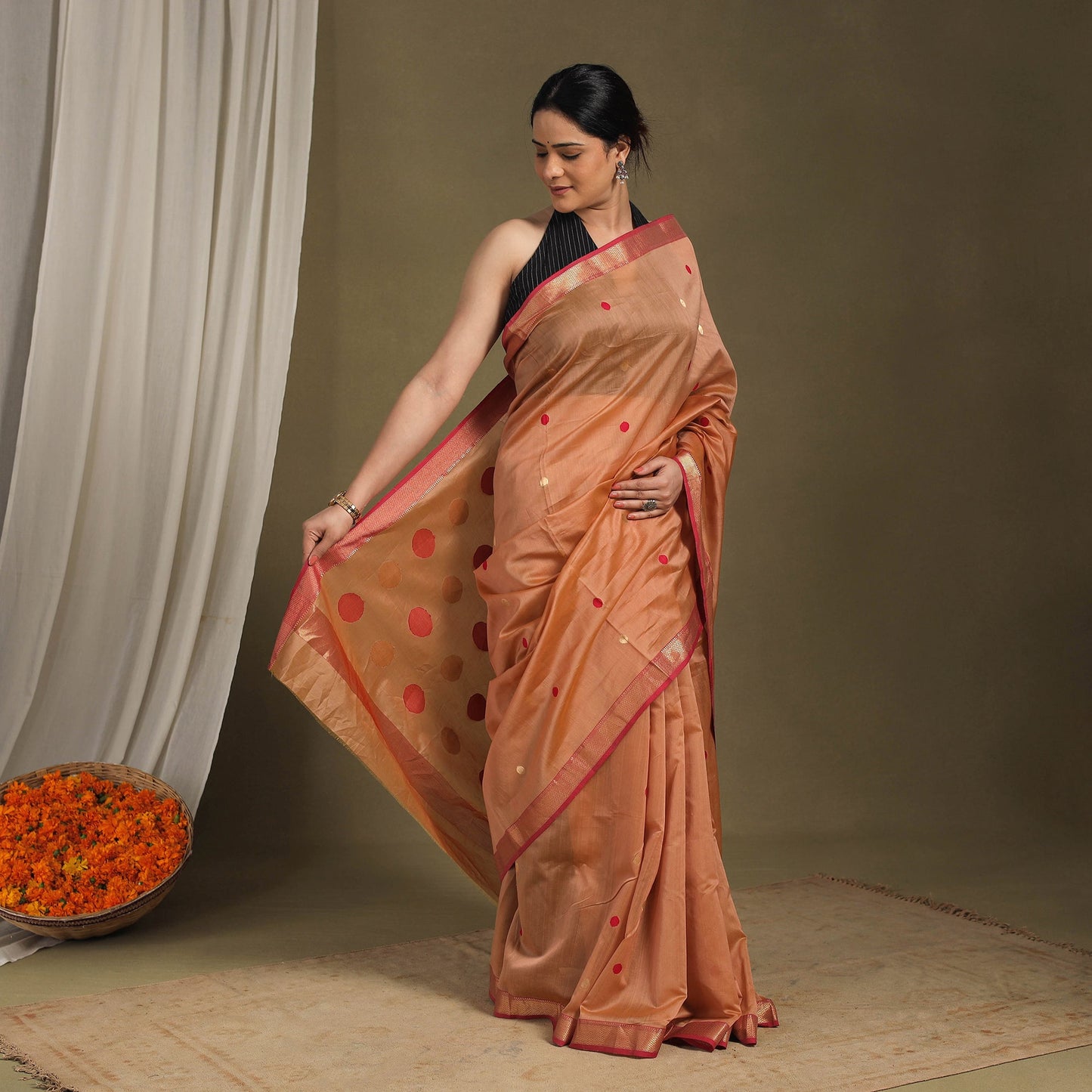Brown - traditional handloom zari work silk maheshwari
