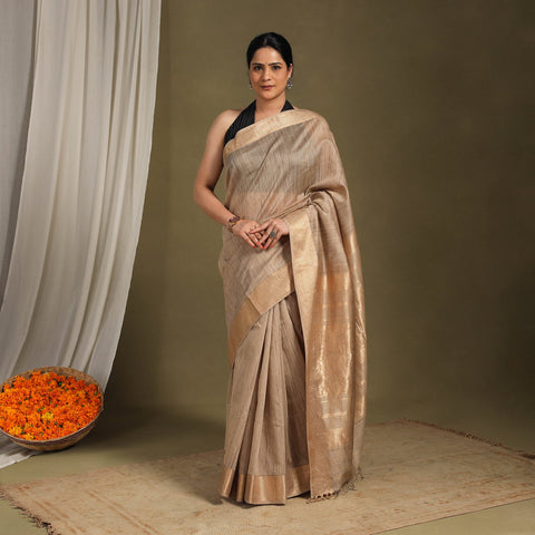 Brown - traditional handloom zari work silk maheshwari