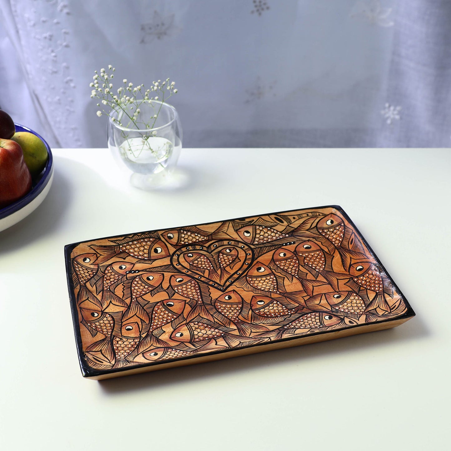 Brown Traditional Pattachitra Hand Painted Akashmoni Wooden Tray