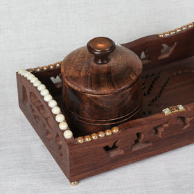 Brown Tray with 2 Bowls - Handcrafted with Sheesham Wood 
