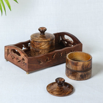 Brown Tray with 2 Bowls - Handcrafted with Sheesham Wood 